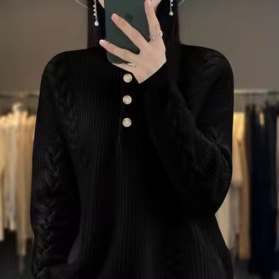 Luxury Mock Neck Knitted Half High Collar Pullover Wool Loose Cashmere Sweater - Image 5