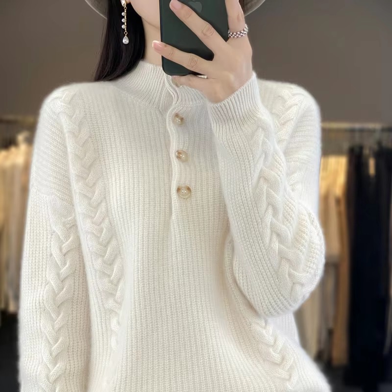 Luxury Mock Neck Knitted Half High Collar Pullover Wool Loose Cashmere Sweater - Image 4
