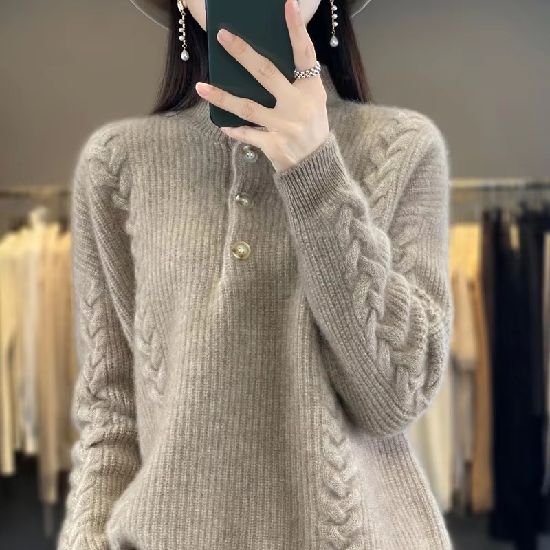 Luxury Mock Neck Knitted Half High Collar Pullover Wool Loose Cashmere Sweater - Image 3