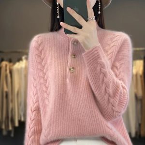 Luxury Mock Neck Knitted Half High Collar Pullover Wool Loose Cashmere Sweater