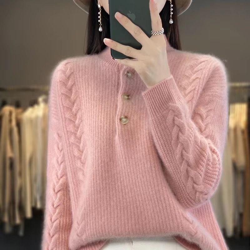 Luxury Mock Neck Knitted Half High Collar Pullover Wool Loose Cashmere Sweater