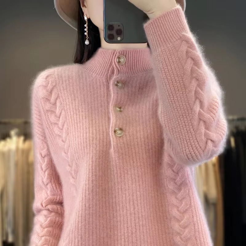 Luxury Mock Neck Knitted Half High Collar Pullover Wool Loose Cashmere Sweater - Image 2