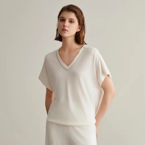 Luxury Solid V-Neck Beading Woolen Silk Clothes For Loose Knitted Tops Sweaters