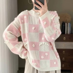 Luxury Spliced Half High Collar Pullover Soft Comfortable Large Wool Sweater