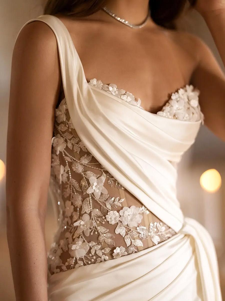 Mermaid One-Shoulder Sleeveless Zipper Lace Bridal Wedding Dresses - Image 4