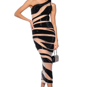 Mesh Patchwork One Shoulder Sleeveless Transparent Stripe Nightclub Party Bodycon Long Dress