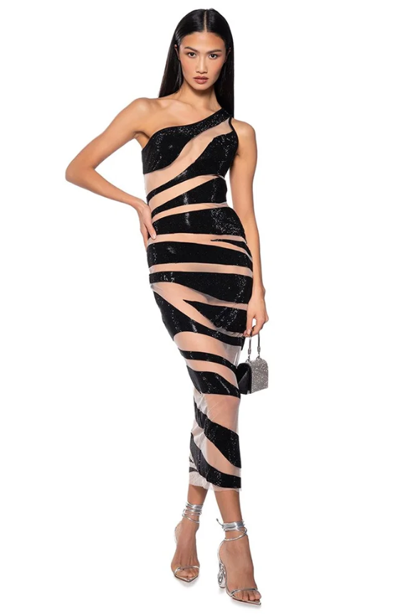 Mesh Patchwork One Shoulder Sleeveless Transparent Stripe Nightclub Party Bodycon Long Dress