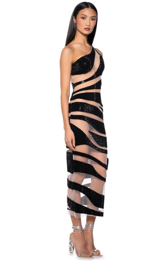 Mesh Patchwork One Shoulder Sleeveless Transparent Stripe Nightclub Party Bodycon Long Dress - Image 2