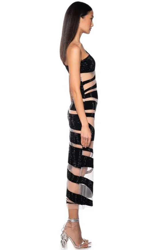 Mesh Patchwork One Shoulder Sleeveless Transparent Stripe Nightclub Party Bodycon Long Dress - Image 3