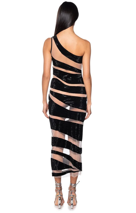 Mesh Patchwork One Shoulder Sleeveless Transparent Stripe Nightclub Party Bodycon Long Dress - Image 4