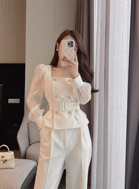 Mesh Two Pieces Set Casual Long Sleeve Elegant Tops And Pants Suit