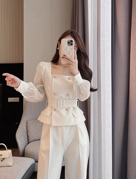Mesh Two Pieces Set Casual Long Sleeve Elegant Tops And Pants Suit - Image 4