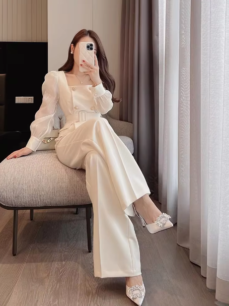 Mesh Two Pieces Set Casual Long Sleeve Elegant Tops And Pants Suit - Image 3