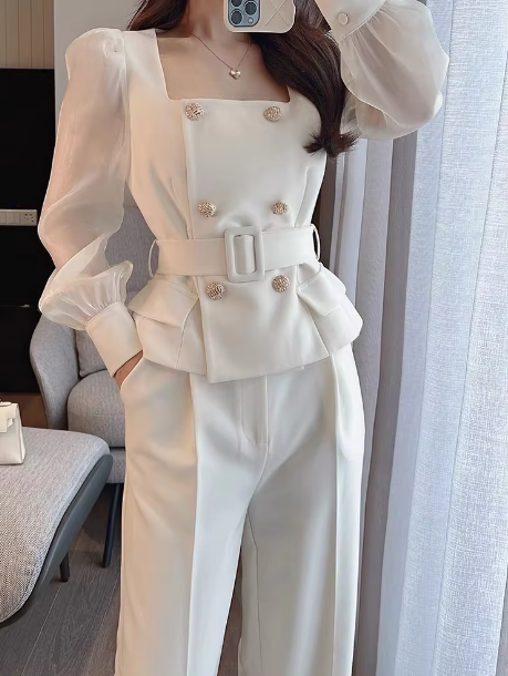 Mesh Two Pieces Set Casual Long Sleeve Elegant Tops And Pants Suit - Image 2