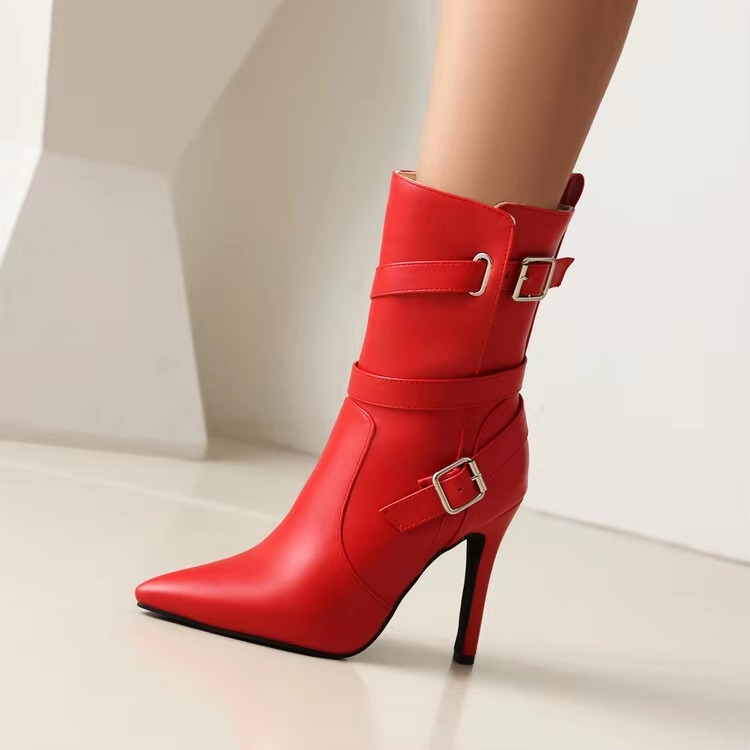 Metal Buckle Pointed Matte Leather Side Zipper High-heeled Ankle Shoes - Image 2