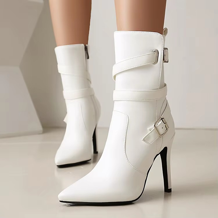 Metal Buckle Pointed Matte Leather Side Zipper High-heeled Ankle Shoes - Image 11