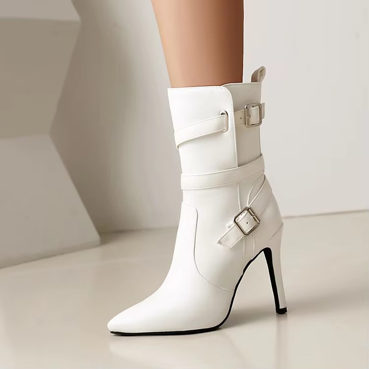 Metal Buckle Pointed Matte Leather Side Zipper High-heeled Ankle Shoes - Image 8