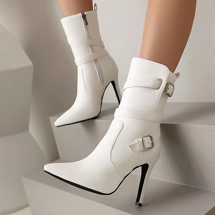 Metal Buckle Pointed Matte Leather Side Zipper High-heeled Ankle Shoes - Image 9