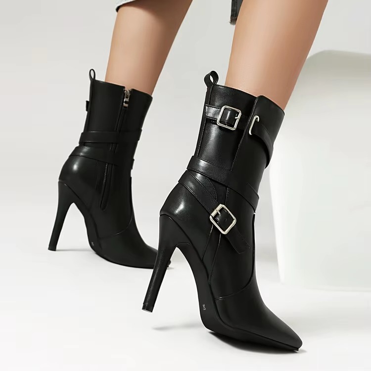 Metal Buckle Pointed Matte Leather Side Zipper High-heeled Ankle Shoes - Image 19