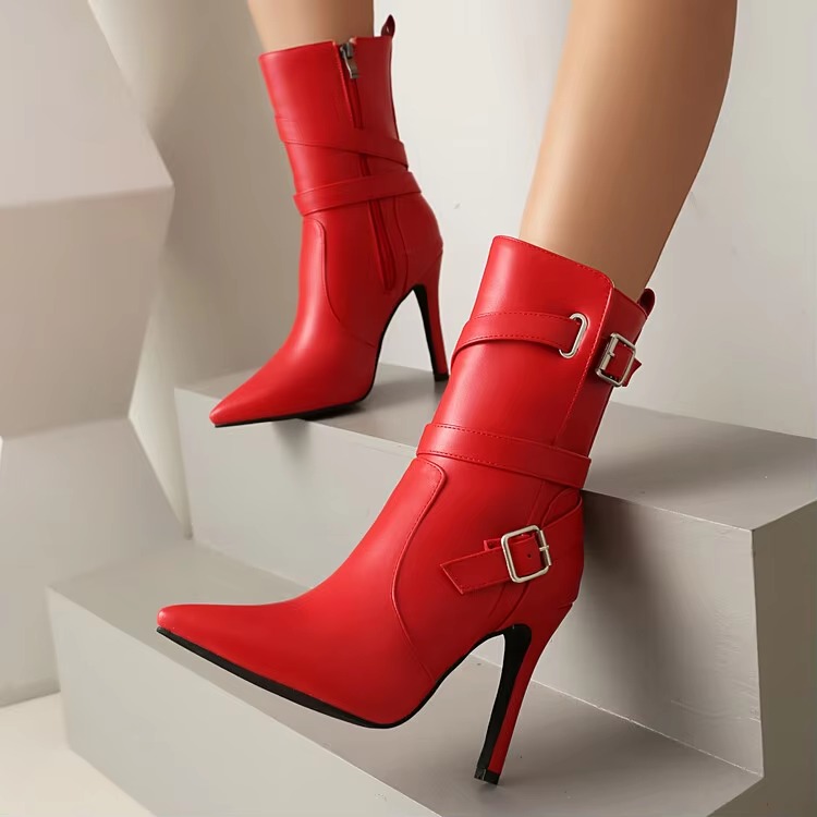 Metal Buckle Pointed Matte Leather Side Zipper High-heeled Ankle Shoes - Image 6