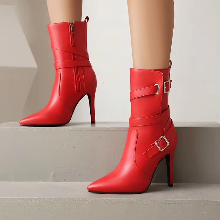 Metal Buckle Pointed Matte Leather Side Zipper High-heeled Ankle Shoes - Image 4