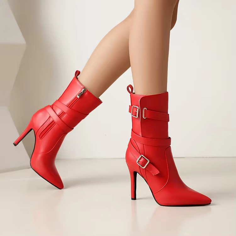 Metal Buckle Pointed Matte Leather Side Zipper High-heeled Ankle Shoes - Image 3