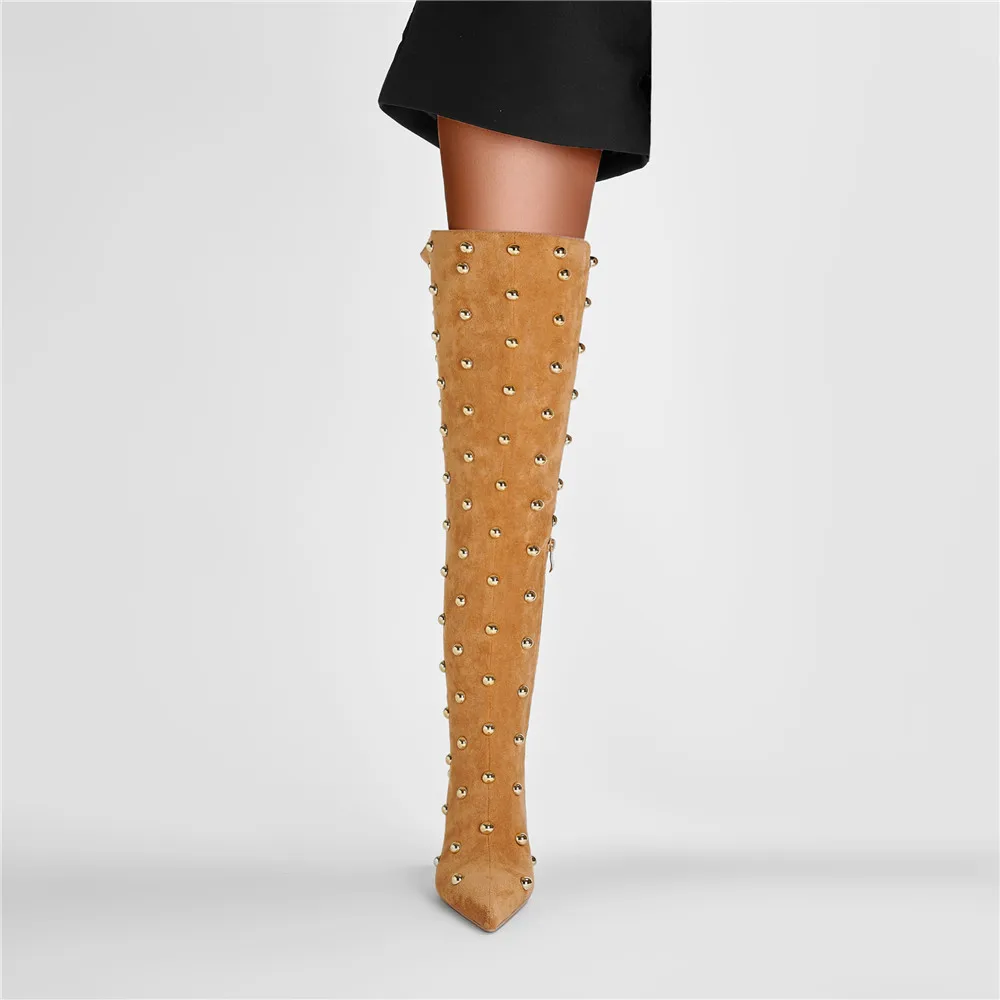 Metal Rivet Microfiber SLIP-ON Pointed Toe Super High Thin Heels Over The Knee Boots - Image 4