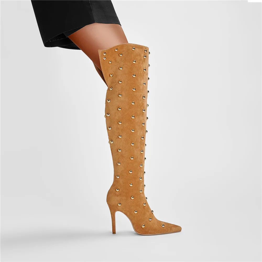Metal Rivet Microfiber SLIP-ON Pointed Toe Super High Thin Heels Over The Knee Boots - Image 3