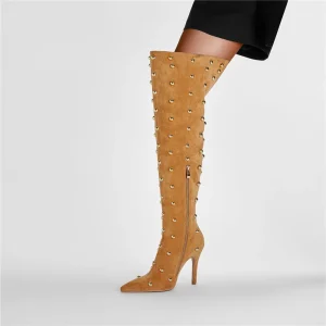 Metal Rivet Microfiber SLIP-ON Pointed Toe Super High Thin Heels Over The Knee Boots