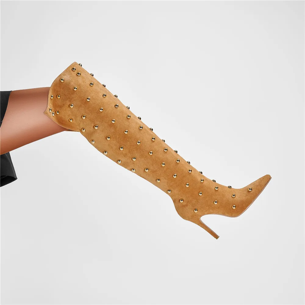 Metal Rivet Microfiber SLIP-ON Pointed Toe Super High Thin Heels Over The Knee Boots - Image 2