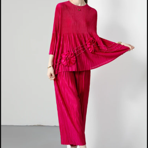 PLeated Two Pieces Set Full Flare Sleeve Elegant Top And Wide Leg Pants