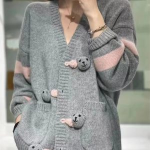 Patchwork Loose Large Size V-Neck Knit Long Sleeve Wool Cashmere Cardigan Sweater