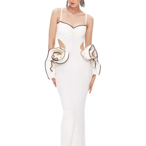 Patchwork Ruffles Spaghetti Strap Hollow Out Party Bodycon Bandage Long Dresses