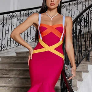 Patchwork Sleeveless Spaghetti Strap Evening Party Bodycon Bandage Trumpet Dresses