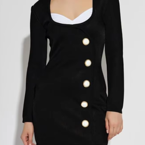 Patchwork U Neck Long Sleeves Retro Button Decoration Party Evening  Bodycon Bandage Mini Dresses