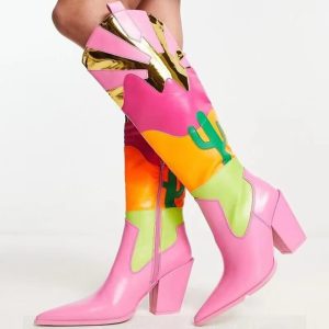 Patchwork Zipper Leather Knee High Pointed Toe Block Chunky Heels Boots