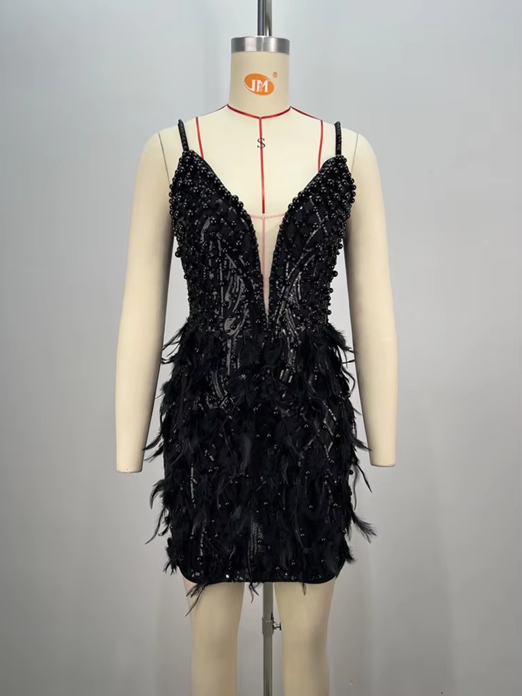 Pearl Beading Feathers Sleeveless V-Neck Nightclub Party Bodycon Mini Dress - Image 2