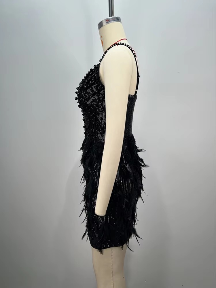 Pearl Beading Feathers Sleeveless V-Neck Nightclub Party Bodycon Mini Dress - Image 3