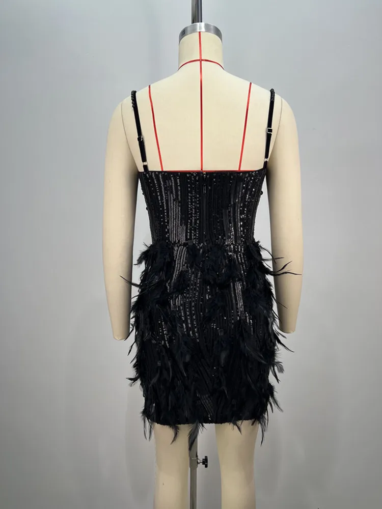 Pearl Beading Feathers Sleeveless V-Neck Nightclub Party Bodycon Mini Dress - Image 5