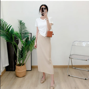 Pleated Casual Fashion Elastic Waist Solid Split Versatile Elegant Skirt