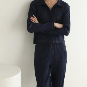 Pleated Lapel Full Sleeve Top And Pencil Pants Elegant Solid Sets