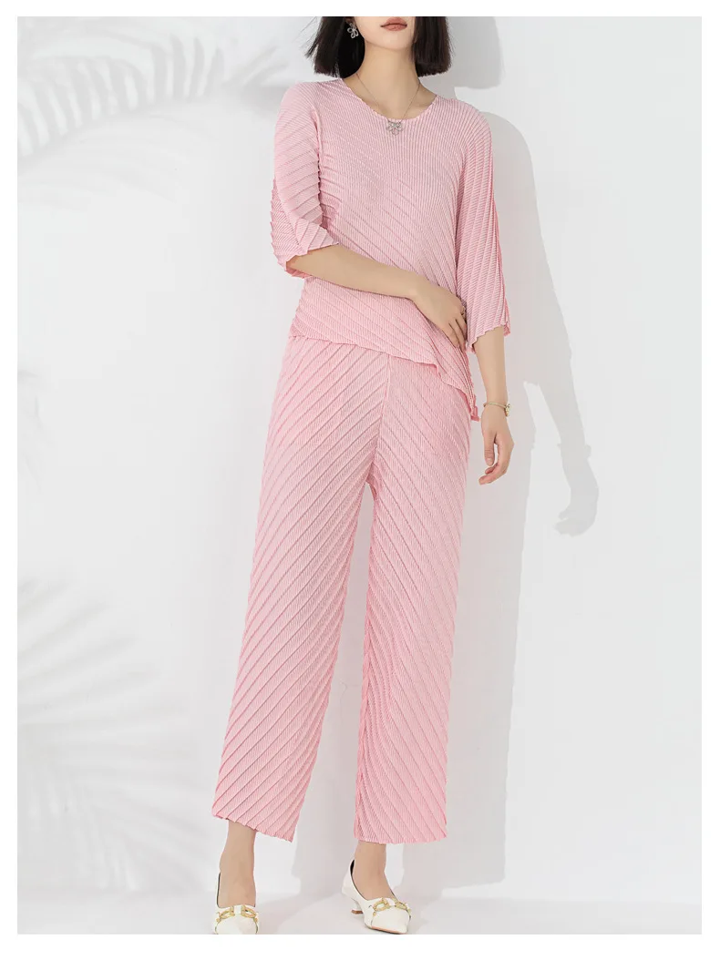 Pleated Pieces Set Round Collar Solid Fashion T Shirt And Leg Trousers - Image 5