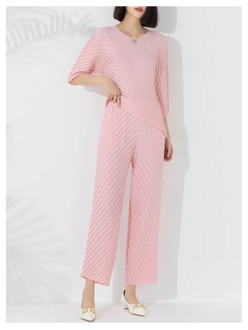 Pleated Pieces Set Round Collar Solid Fashion T Shirt And Leg Trousers - Image 6