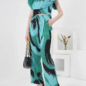 Pleated Print Two Pieces Fashion Square Collar Sleeveless Elegant Tops And Leg Trousers