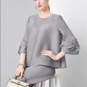 Pleated Set Beading Losse Top And Pencil Pants Solid Casual Elegant Colth