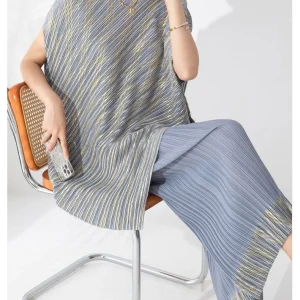 Pleated Set Piece Irregular Losse Round Collar Elegant And Vintage Top And Leg Trousers