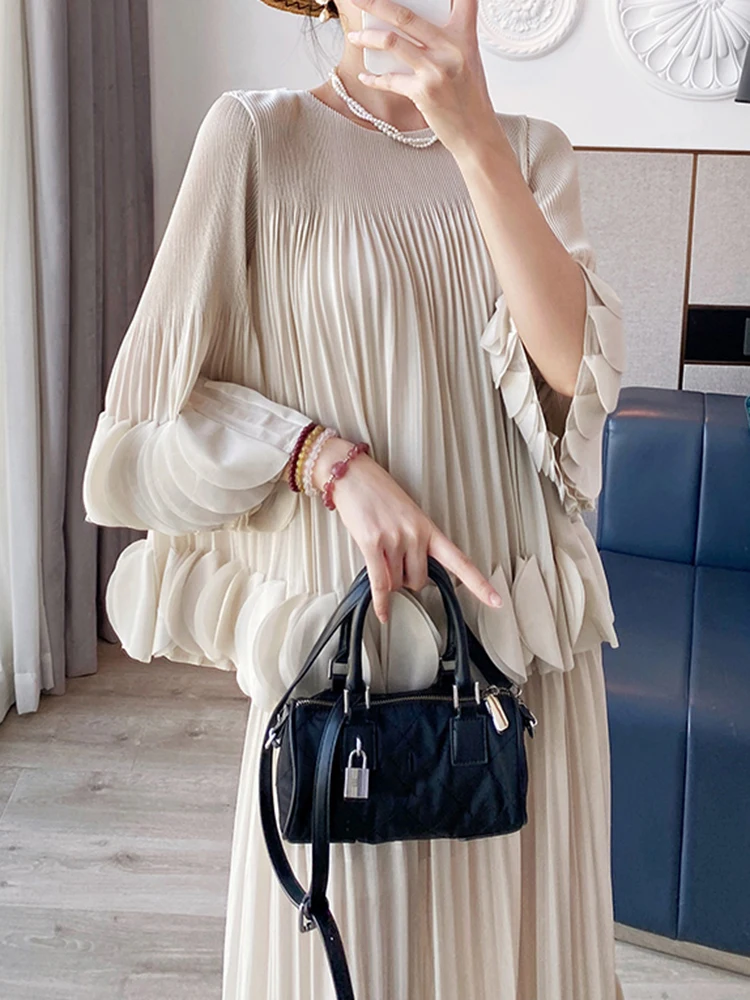 Pleated Two Piece Sets Fashion Round Collar Flare Sleeve Elegant Top And A Line Skirt - Image 2