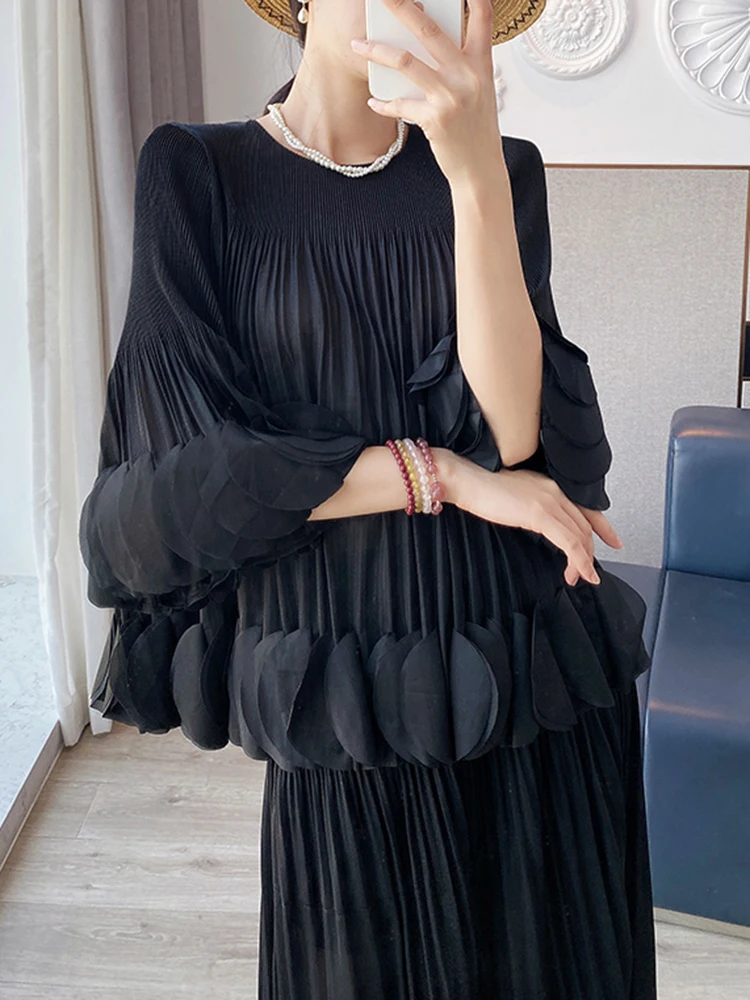 Pleated Two Piece Sets Fashion Round Collar Flare Sleeve Elegant Top And A Line Skirt - Image 12