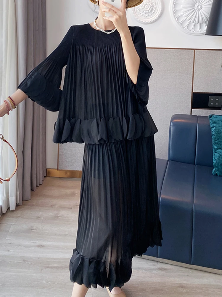 Pleated Two Piece Sets Fashion Round Collar Flare Sleeve Elegant Top And A Line Skirt - Image 13