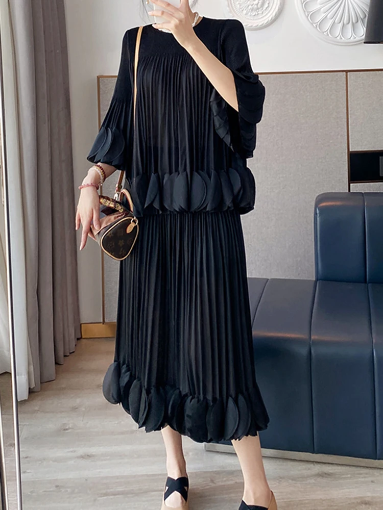 Pleated Two Piece Sets Fashion Round Collar Flare Sleeve Elegant Top And A Line Skirt - Image 14